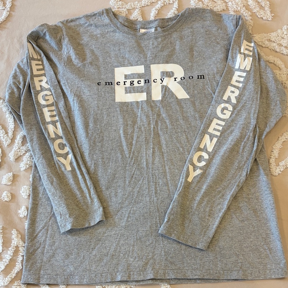 Gildan Gray Long Sleeve Tee with Emergency Message Size M Fits Small